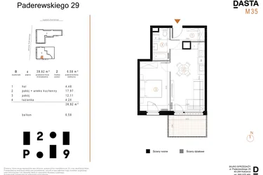 Rzut - Mieszkanie na sprzedaż 2 pokoje o powierzchni 38,82 m² - numer B35 w Paderewskiego 29