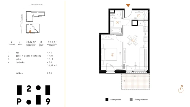 Rzut - Mieszkanie na sprzedaż 2 pokoje o powierzchni 38,82 m² - numer B35 w Paderewskiego 29