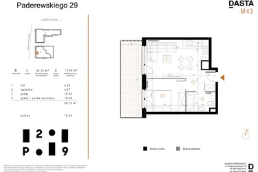 Rzut - Mieszkanie na sprzedaż 2 pokoje o powierzchni 39,15 m² - numer B43 w Paderewskiego 29