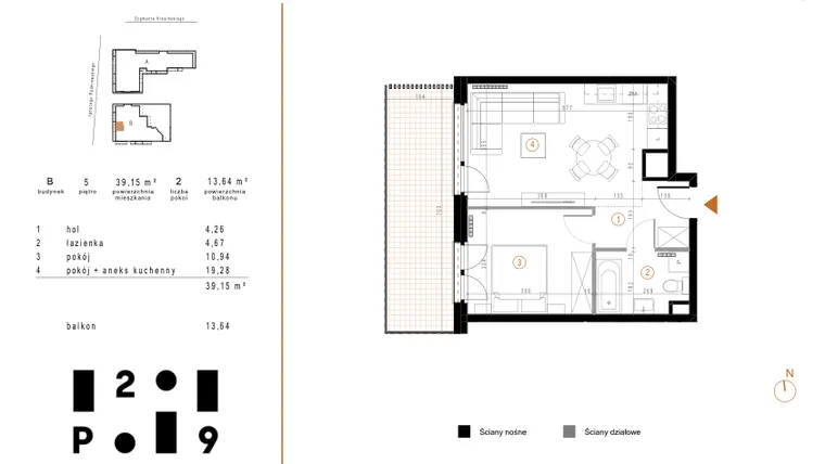 Rzut - Mieszkanie na sprzedaż 2 pokoje o powierzchni 39,15 m² - numer B43 w Paderewskiego 29