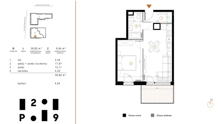 Rzut - Mieszkanie na sprzedaż 2 pokoje o powierzchni 38,82 m² - numer B45 w Paderewskiego 29