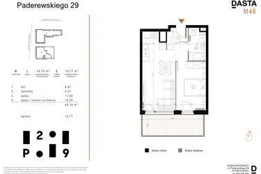 Rzut - Mieszkanie na sprzedaż 2 pokoje o powierzchni 40,74 m² - numer B46 w Paderewskiego 29