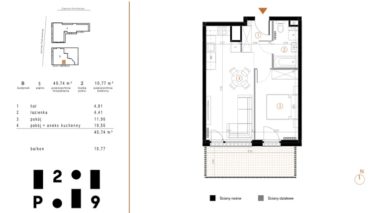 Rzut - Mieszkanie na sprzedaż 2 pokoje o powierzchni 40,74 m² - numer B46 w Paderewskiego 29