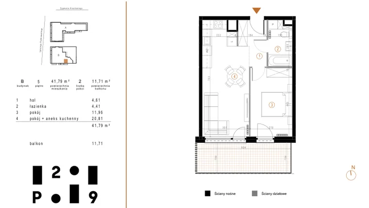 Rzut - Mieszkanie na sprzedaż 2 pokoje o powierzchni 41,79 m² - numer B47 w Paderewskiego 29