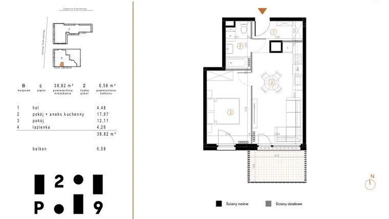 Rzut - Mieszkanie na sprzedaż 2 pokoje o powierzchni 38,82 m² - numer B55 w Paderewskiego 29