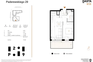 Rzut - Mieszkanie na sprzedaż 2 pokoje o powierzchni 40,74 m² - numer B56 w Paderewskiego 29