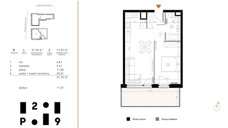 Rzut - Mieszkanie na sprzedaż 2 pokoje o powierzchni 41,79 m² - numer B57 w Paderewskiego 29
