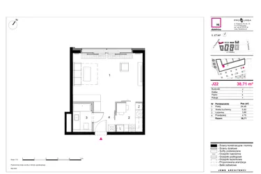 Rzut - Mieszkanie na sprzedaż 1 pokój o powierzchni 38,71 m² - numer J22 w 19. Dzielnica Etap V