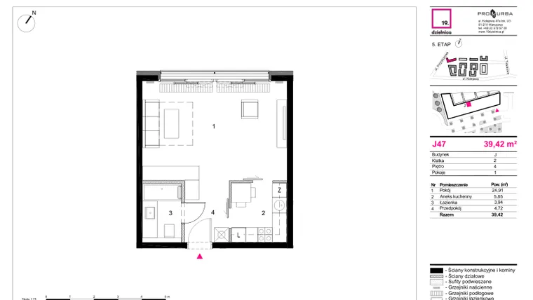 Rzut - Mieszkanie na sprzedaż 1 pokój o powierzchni 39,42 m² - numer J47 w 19. Dzielnica Etap V