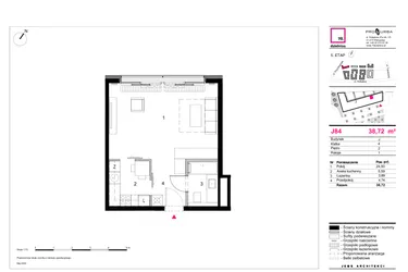Rzut - Mieszkanie na sprzedaż 1 pokój o powierzchni 38,72 m² - numer J84 w 19. Dzielnica Etap V