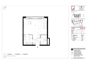 Rzut - Mieszkanie na sprzedaż 1 pokój o powierzchni 38,89 m² - numer J104 w 19. Dzielnica Etap V