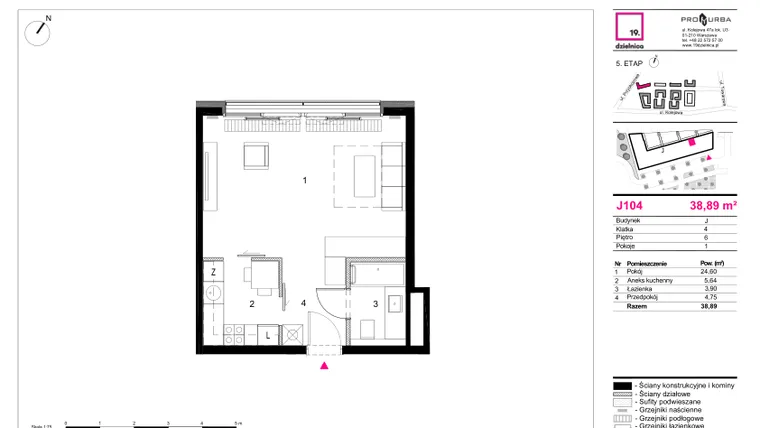 Rzut - Mieszkanie na sprzedaż 1 pokój o powierzchni 38,89 m² - numer J104 w 19. Dzielnica Etap V