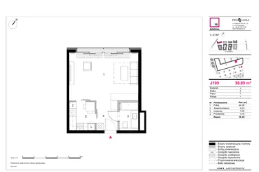 Rzut - Mieszkanie na sprzedaż 1 pokój o powierzchni 38,89 m² - numer J109 w 19. Dzielnica Etap V