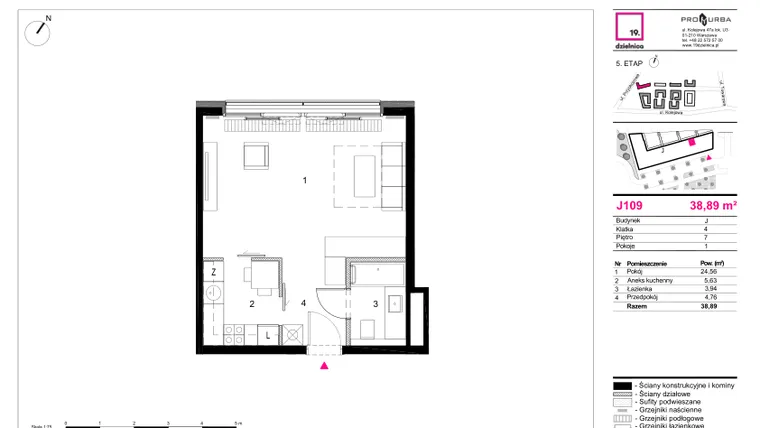 Rzut - Mieszkanie na sprzedaż 1 pokój o powierzchni 38,89 m² - numer J109 w 19. Dzielnica Etap V