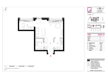Rzut - Mieszkanie na sprzedaż 1 pokój o powierzchni 40,81 m² - numer H24 w 19. Dzielnica Etap V