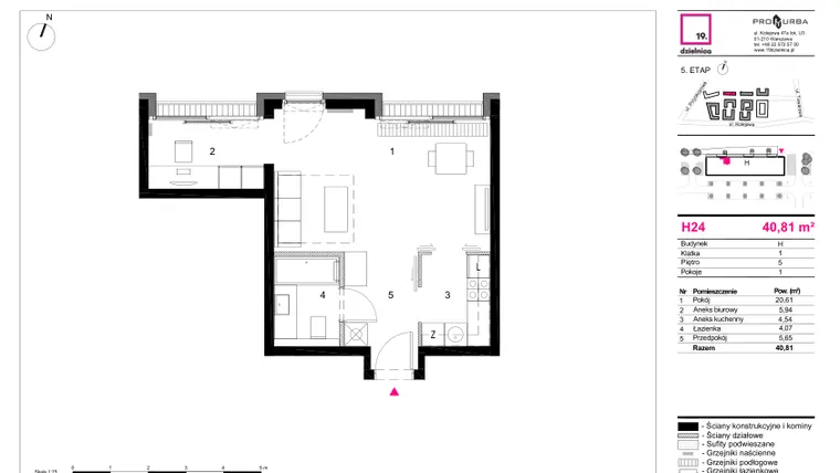 Rzut - Mieszkanie na sprzedaż 1 pokój o powierzchni 40,81 m² - numer H24 w 19. Dzielnica Etap V