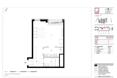 Rzut - Mieszkanie na sprzedaż 1 pokój o powierzchni 47,33 m² - numer H30 w 19. Dzielnica Etap V