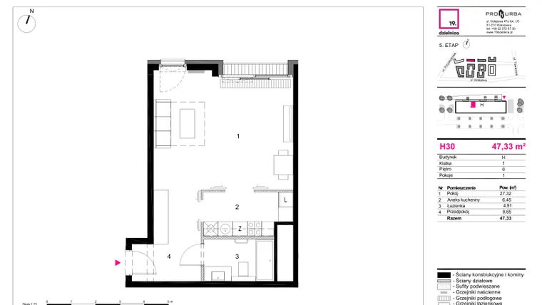 Rzut - Mieszkanie na sprzedaż 1 pokój o powierzchni 47,33 m² - numer H30 w 19. Dzielnica Etap V
