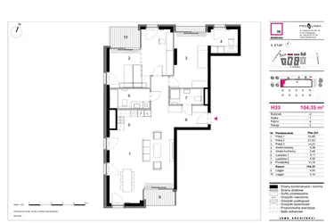 Rzut - Mieszkanie na sprzedaż 3 pokoje o powierzchni 104,35 m² - numer H33 w 19. Dzielnica Etap V