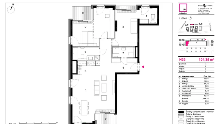 Rzut - Mieszkanie na sprzedaż 3 pokoje o powierzchni 104,35 m² - numer H33 w 19. Dzielnica Etap V