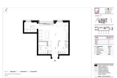 Rzut - Mieszkanie na sprzedaż 1 pokój o powierzchni 38,65 m² - numer H49 w 19. Dzielnica Etap V
