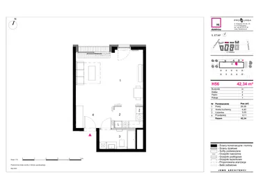 Rzut - Mieszkanie na sprzedaż 1 pokój o powierzchni 42,34 m² - numer H56 w 19. Dzielnica Etap V