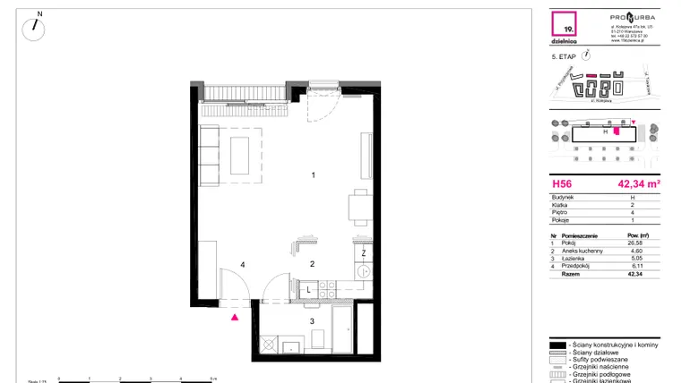 Rzut - Mieszkanie na sprzedaż 1 pokój o powierzchni 42,34 m² - numer H56 w 19. Dzielnica Etap V