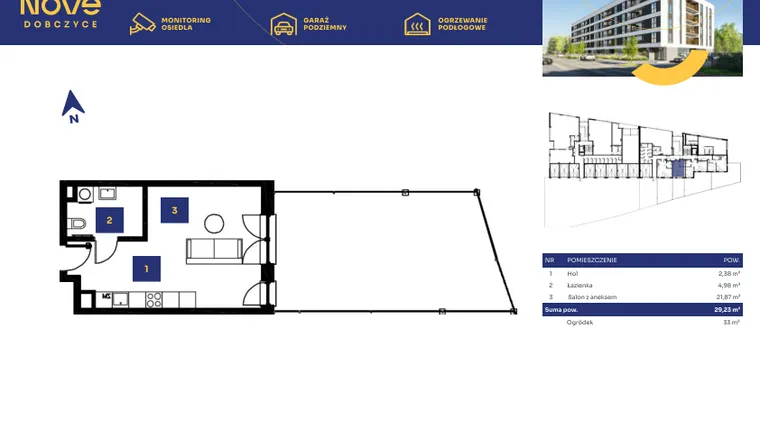 Rzut - Mieszkanie na sprzedaż 1 pokój o powierzchni 29,23 m² - numer M03 w Nove Dobczyce