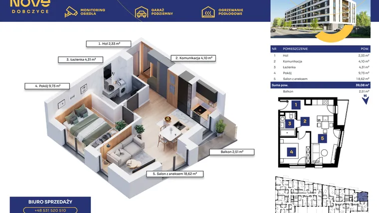 Rzut - Mieszkanie na sprzedaż 2 pokoje o powierzchni 38,99 m² - numer M06 w Nove Dobczyce