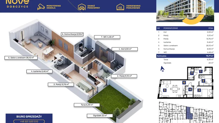 Rzut - Mieszkanie na sprzedaż 3 pokoje o powierzchni 75,77 m² - numer M11 w Nove Dobczyce