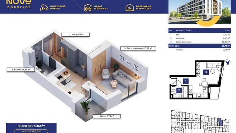 Rzut - Mieszkanie na sprzedaż 1 pokój o powierzchni 28,75 m² - numer M14 w Nove Dobczyce