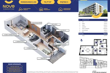 Rzut - Mieszkanie na sprzedaż 3 pokoje o powierzchni 75,77 m² - numer M20 w Nove Dobczyce