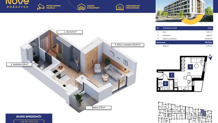 Rzut - Mieszkanie na sprzedaż 1 pokój o powierzchni 28,75 m² - numer M23 w Nove Dobczyce