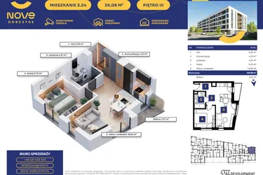 Rzut - Mieszkanie na sprzedaż 2 pokoje o powierzchni 39,08 m² - numer M24 w Nove Dobczyce