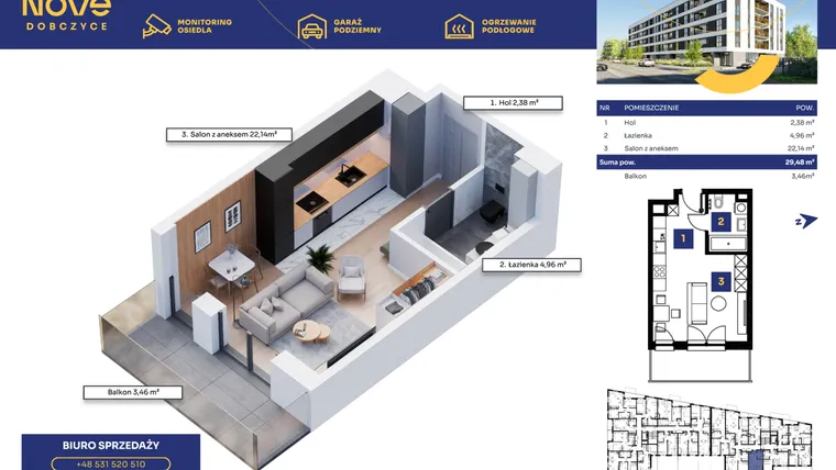 Rzut - Mieszkanie na sprzedaż 1 pokój o powierzchni 29,48 m² - numer M27 w Nove Dobczyce