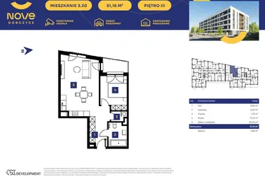Rzut - Mieszkanie na sprzedaż 2 pokoje o powierzchni 51,05 m² - numer M30 w Nove Dobczyce
