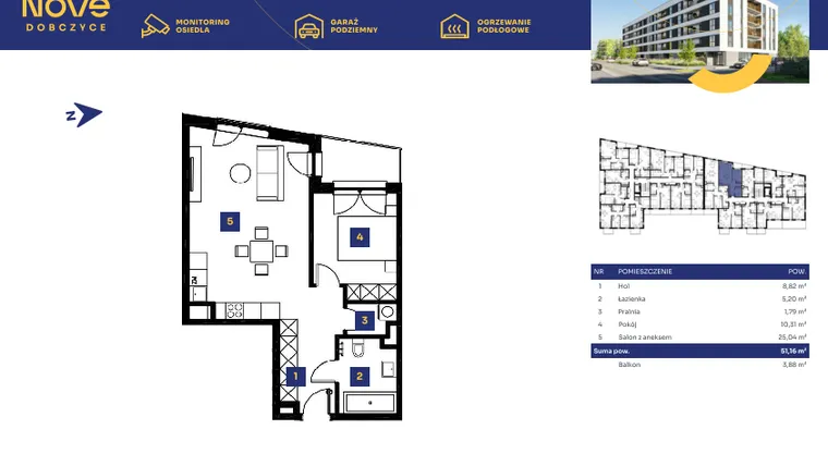 Rzut - Mieszkanie na sprzedaż 2 pokoje o powierzchni 51,05 m² - numer M30 w Nove Dobczyce