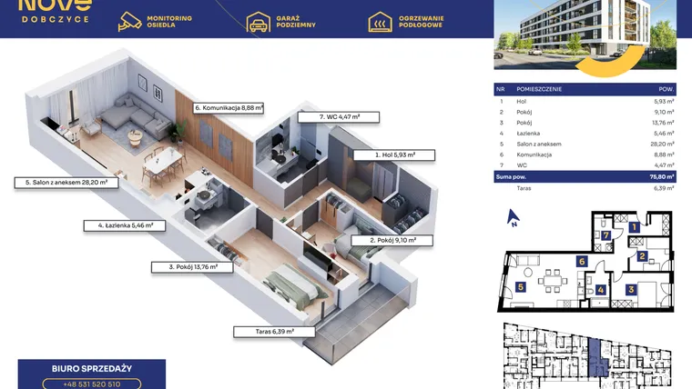 Rzut - Mieszkanie na sprzedaż 3 pokoje o powierzchni 75,8 m² - numer M35 w Nove Dobczyce