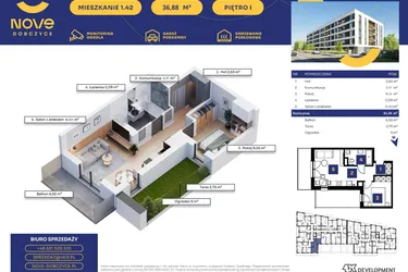Rzut - Mieszkanie na sprzedaż 2 pokoje o powierzchni 36,87 m² - numer M42 w Nove Dobczyce