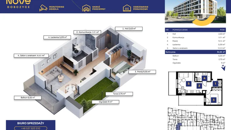 Rzut - Mieszkanie na sprzedaż 2 pokoje o powierzchni 36,87 m² - numer M42 w Nove Dobczyce