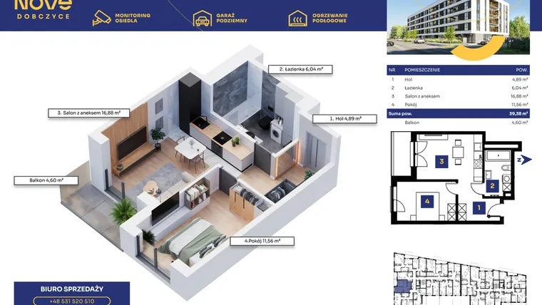 Rzut - Mieszkanie na sprzedaż 2 pokoje o powierzchni 39,38 m² - numer M44 w Nove Dobczyce