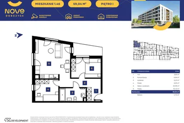 Rzut - Mieszkanie na sprzedaż 3 pokoje o powierzchni 59,03 m² - numer M46 w Nove Dobczyce