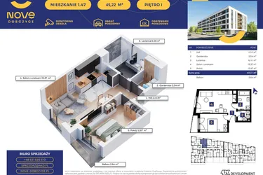 Rzut - Mieszkanie na sprzedaż 2 pokoje o powierzchni 45,23 m² - numer M47 w Nove Dobczyce