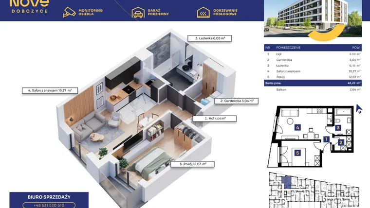 Rzut - Mieszkanie na sprzedaż 2 pokoje o powierzchni 45,23 m² - numer M47 w Nove Dobczyce