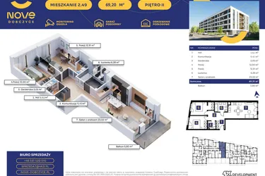 Rzut - Mieszkanie na sprzedaż 3 pokoje o powierzchni 69,21 m² - numer M49 w Nove Dobczyce
