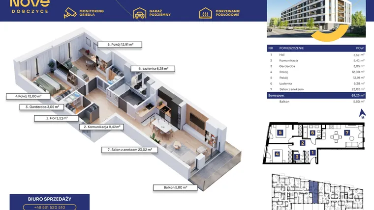 Rzut - Mieszkanie na sprzedaż 3 pokoje o powierzchni 69,21 m² - numer M49 w Nove Dobczyce