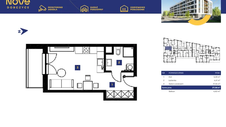 Rzut - Mieszkanie na sprzedaż 1 pokój o powierzchni 27,08 m² - numer M55 w Nove Dobczyce