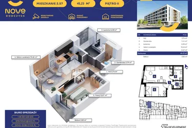 Rzut - Mieszkanie na sprzedaż 2 pokoje o powierzchni 45,23 m² - numer M57 w Nove Dobczyce