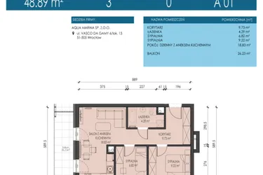 Rzut - Mieszkanie na sprzedaż 3 pokoje o powierzchni 48,89 m² - numer A01 w Apartamenty Aqua Marina