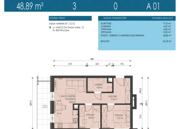 Rzut - Mieszkanie na sprzedaż 3 pokoje o powierzchni 48,89 m² - numer A01 w Apartamenty Aqua Marina
